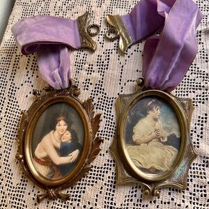 Pair Antique Brass PIcture Frames w/ Silk Portraits and Velvet Ribbons
